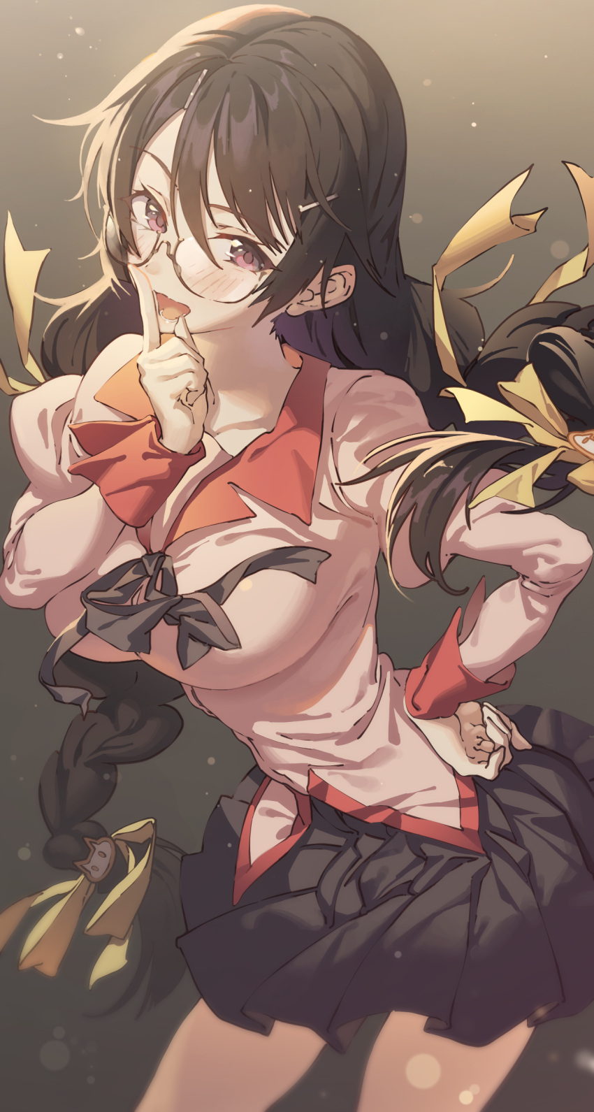 1girl black_hair black_skirt braid breasts commentary_request glasses hair_ribbon hanekawa_tsubasa highres hong large_breasts long_hair long_sleeves looking_at_viewer monogatari_(series) open_mouth ribbon school_uniform skirt smile solo twin_braids violet_eyes yellow_ribbon