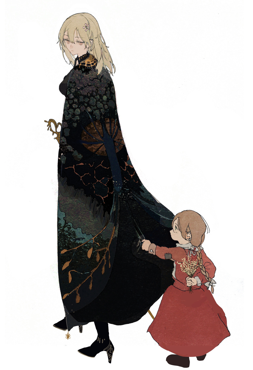 2girls absurdres age_difference black_cape black_footwear blonde_hair braid braided_ponytail brown_hair cape dress flower height_difference high_heels highres holding holding_flower long_sleeves mon_(monmon2133) multiple_girls original print_cape red_dress simple_background white_background