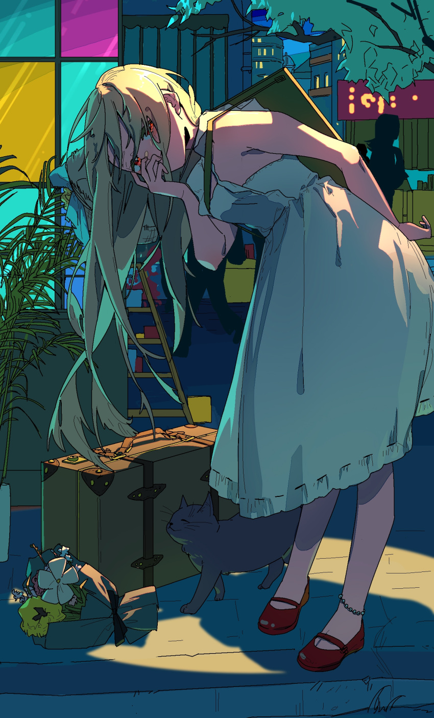 1girl animal anklet arm_behind_back ascii_media_works bangs bent_over blonde_hair bouquet cat covering_mouth cute dress flower guozimiao hand_on_own_face highres human j.c._staff jewelry ladder long_hair looking_at_viewer night red_eyes red_footwear sakura-sou_no_pet_na_kanojo shiina_mashiro shoulder_strap suitcase white_dress