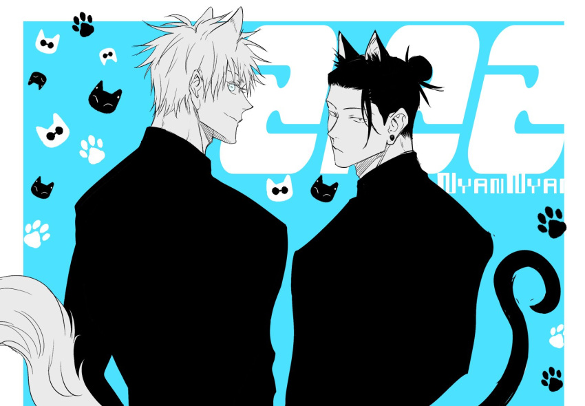 2boys bangs blue_background blue_eyes cat_boy closed_mouth ear_piercing getou_suguru gojou_satoru greyscale hair_bun hair_pulled_back jacket jujutsu_kaisen looking_at_viewer looking_back male_focus monochrome multiple_boys partially_colored paw_print piercing profile short_hair sideways_glance smile spot_color tail tail_raised tekla upper_body