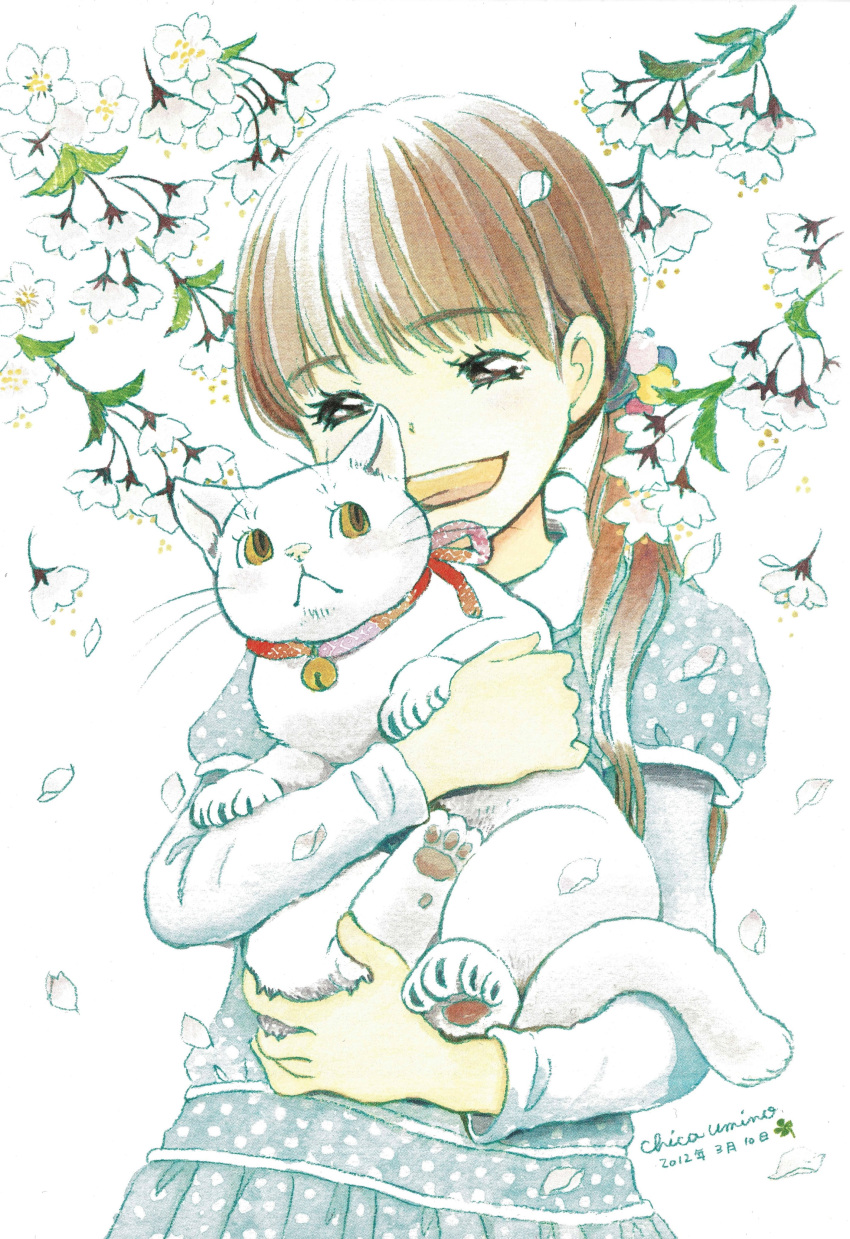 1girl 2012 absurdres animal bangs bell blue_dress blunt_bangs brown_eyes brown_hair cat collared_dress dated dot_nose dress eyebrows_visible_through_hair eyelashes facing_viewer flower half-closed_eyes happy highres holding holding_animal kawamoto_hinata laughing leaf long_sleeves looking_down open_mouth pale_color petals polka_dot polka_dot_dress pom_pom_(clothes) puffy_short_sleeves puffy_sleeves sangatsu_no_lion short_over_long_sleeves short_sleeves signature simple_background solo teeth twintails umino_chika upper_body upper_teeth white_background white_flower
