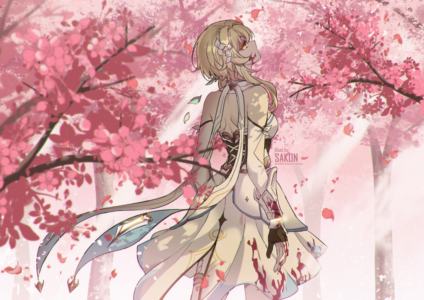 1girl artist_name backless_dress backless_outfit blonde_hair blood blood_on_face bloody_clothes bloody_hands blurry blurry_foreground cherry_blossoms commentary cowboy_shot dated detached_sleeves dress english_commentary expressionless genshin_impact gold_trim head_tilt highres looking_at_viewer looking_back lumine_(genshin_impact) outdoors petals sakon04 scarf short_hair short_hair_with_long_locks single_thighhigh solo thigh-highs tree twitter_username white_dress white_legwear white_scarf yellow_eyes