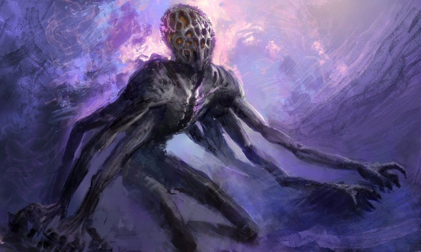amygdala bloodborne blue_background eldritch_abomination english_commentary extra_arms gazedsoul highres looking_at_viewer monster multicolored multicolored_background no_humans purple_background solo standing