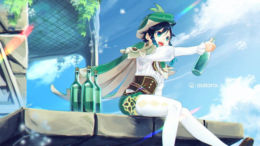 1boy androgynous aoitorix bangs beret black_hair blue_hair bottle braid cape clouds cloudy_sky corset dandelion_seed day eyebrows_visible_through_hair frilled_sleeves frills genshin_impact gradient_hair green_eyes green_headwear green_shorts hat highres holding holding_bottle leaf long_sleeves looking_afar male_focus multicolored_hair open_mouth outdoors pantyhose shirt shoes short_hair_with_long_locks shorts sitting sky smile solo twin_braids venti_(genshin_impact) white_legwear white_shirt wine_bottle