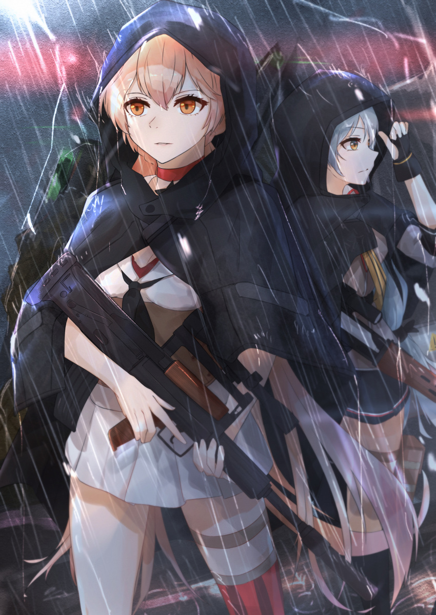 2girls absurdres assault_rifle asymmetrical_legwear black_cloak black_gloves black_legwear black_neckwear black_skirt blonde_hair breasts brown_jacket capelet choker cloak closed_mouth corset eyebrows_visible_through_hair fingerless_gloves girls_frontline gloves grey_hair gun highres holding holding_weapon holster hood hooded_cloak jacket long_hair looking_away multiple_girls muteppona_hito necktie ots-14 ots-14_(girls_frontline) rain red_choker rifle shirt silver_hair skirt sniper_rifle standing striped striped_legwear svd_(girls_frontline) water_drop weapon white_shirt white_skirt yellow_eyes