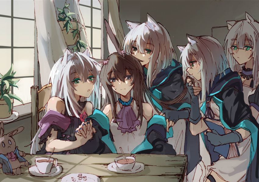 5girls alternate_costume amiya_(arknights) animal_ears arknights bare_shoulders blush book brown_hair cat_ears cup dress e-fa-dorn fingerless_gloves girl_sandwich gloves green_eyes harem highres holding_another's_hair interlocked_fingers jacket jewelry long_hair multiple_girls multiple_persona off-shoulder_dress off_shoulder ponytail rabbit_ears ring rosmontis_(arknights) sandwiched silver_hair sugar_cube sweat undressing yuri