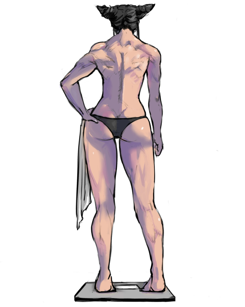 1girl 6maker ass back barefoot black_hair black_panties butt_crack from_behind full_body hair_cones han_juri hand_on_hip highres looking_down muscular muscular_female panties simple_background solo standing street_fighter street_fighter_iv_(series) thigh_gap thighs toned topless towel underwear weighing_scale