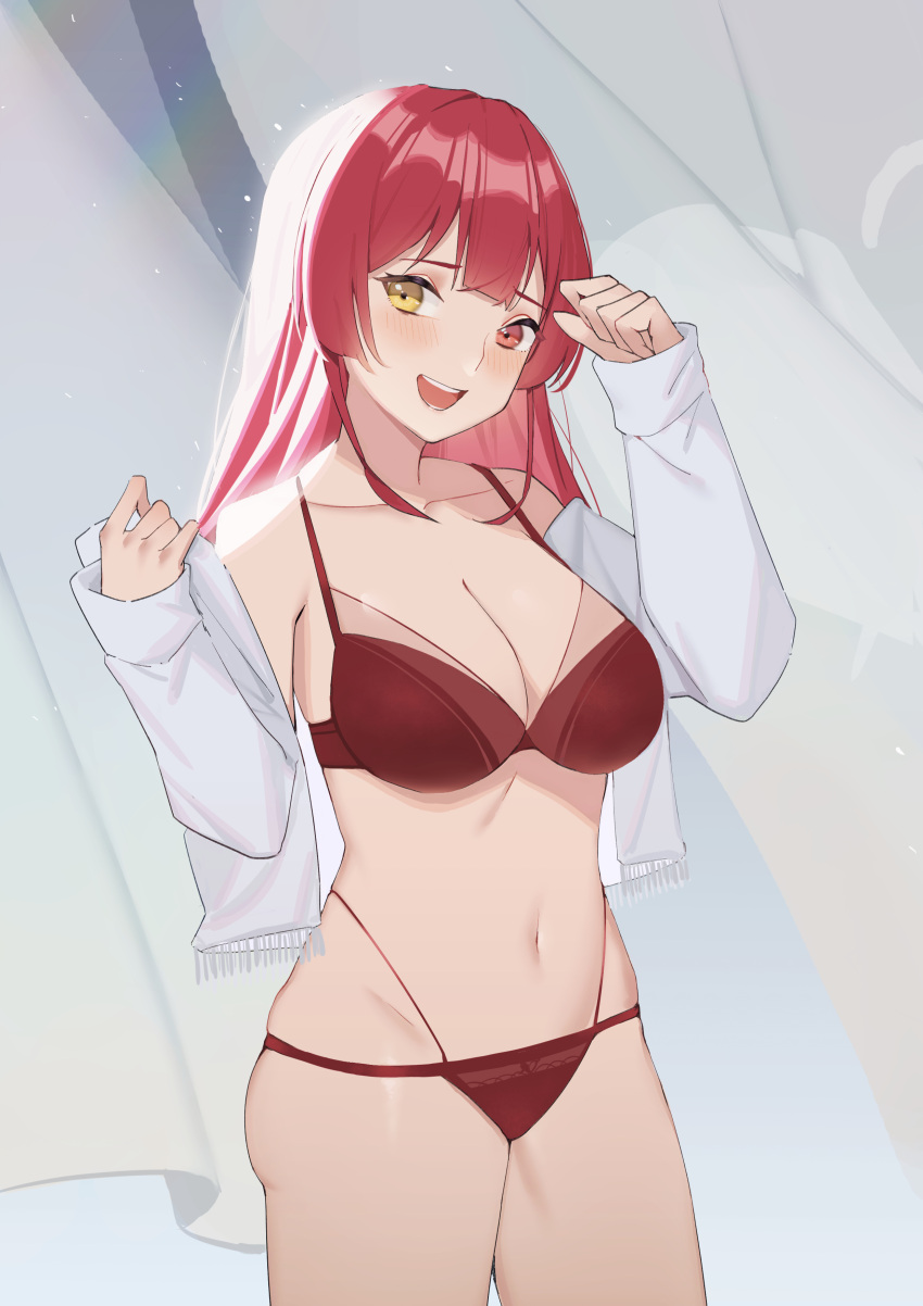 1girl absurdres alternate_costume ass bangs breasts collarbone cowboy_shot curtains heterochromia highres hololive houshou_marine jmao large_breasts lingerie long_hair looking_at_viewer navel off_shoulder red_eyes redhead smile solo standing sunlight teeth underwear virtual_youtuber yellow_eyes