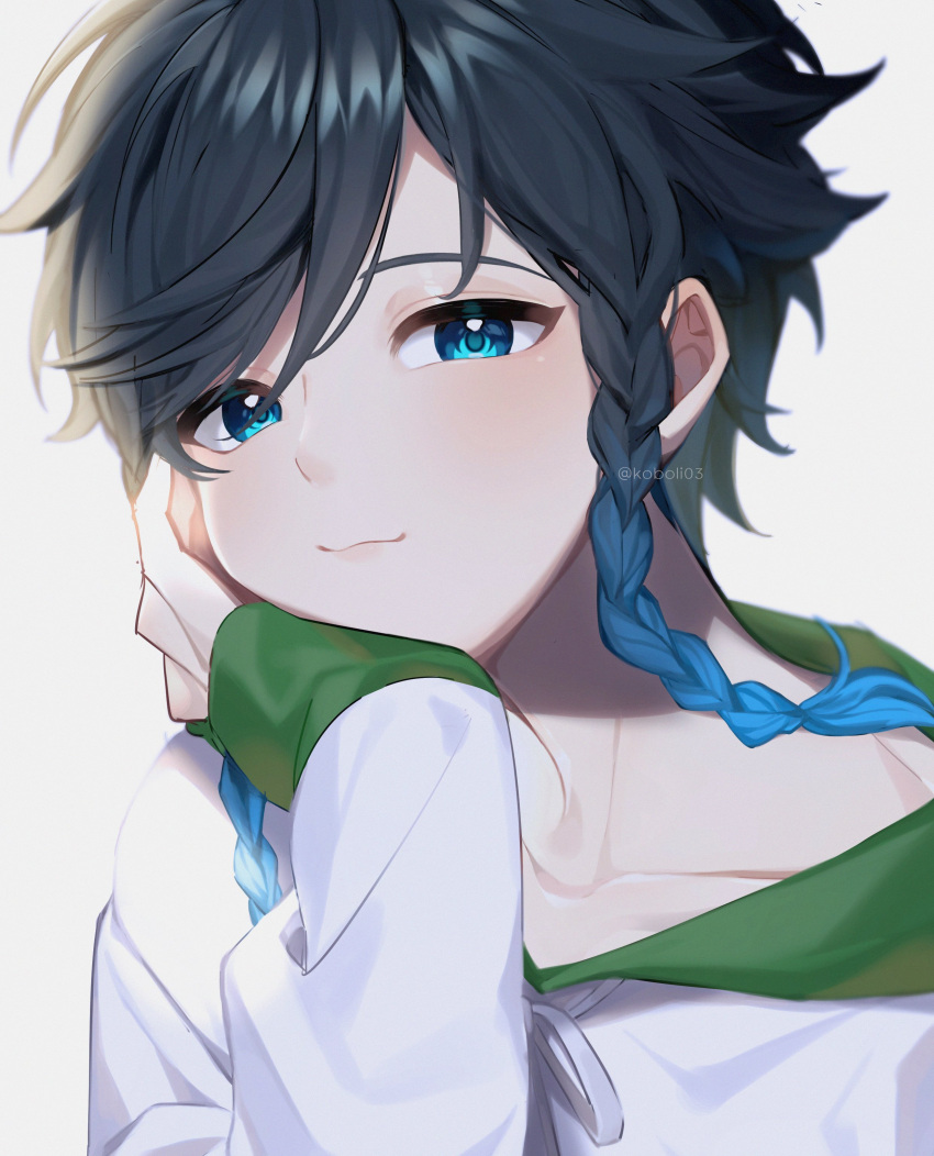 1boy absurdres androgynous bangs black_hair blue_hair braid closed_mouth collarbone eyebrows_visible_through_hair genshin_impact gradient_hair green_eyes hand_on_own_cheek hand_on_own_face highres hood hood_down hoodie kkopoli long_sleeves looking_at_viewer male_focus multicolored_hair short_hair_with_long_locks simple_background smile solo symbol_commentary twin_braids venti_(genshin_impact) white_background