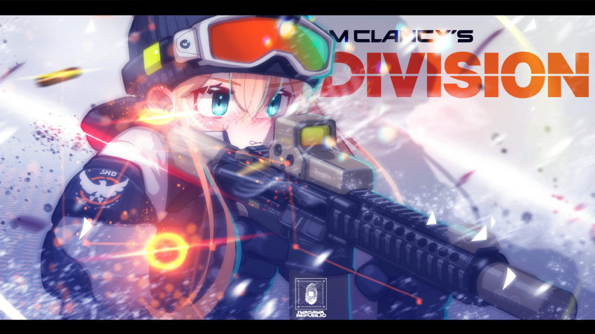 1girl absurdres aiming beanie black_headwear blonde_hair blue_eyes blush clenched_teeth copyright_name foregrip freckles goggles goggles_on_headwear gun hair_behind_ear hat highres holding holding_gun holding_weapon iwasawayuki jacket lens_flare looking_ahead military nose_blush parted_lips shadow shell_casing solo sweatdrop teeth tom_clancy's_the_division upper_body weapon weapon_request white_jacket