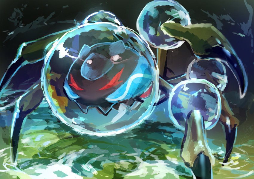 absurdres animal_focus araquanid artist_name blue_eyes bubble bug commentary day_walker1117 english_text fangs full_body gen_7_pokemon highres no_humans pokemon pokemon_(creature) ripples shiny signature sketch solo standing water