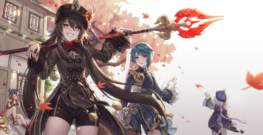 1boy 3girls apple black_headwear black_shorts blue_hair braid braided_ponytail brown_hair china_dress chinese_clothes closed_eyes dress eating food frilled_sleeves frills fruit genshin_impact guoba_(genshin_impact) hair_ornament hat highres holding holding_polearm holding_weapon hu_tao jiangshi leaf long_hair long_sleeves looking_at_viewer mool_yueguang multiple_girls outdoors petals polearm purple_hair qiqi_(genshin_impact) red_eyes short_shorts shorts standing symbol-shaped_pupils teeth tree twintails weapon wide_sleeves xiangling_(genshin_impact) xingqiu_(genshin_impact) yellow_eyes
