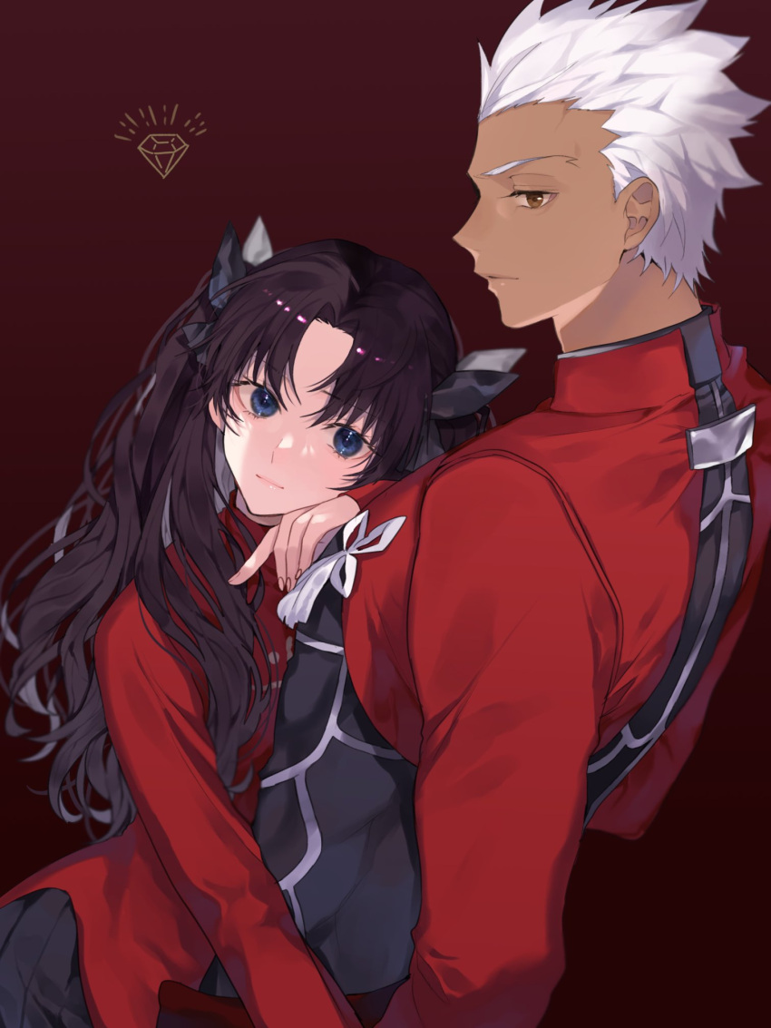 1boy 1girl archer_(fate) bangs black_hair black_ribbon black_skirt blue_eyes brown_eyes dark_skin dark_skinned_male fate/stay_night fate_(series) glance hair_ribbon head_rest highres leaning_on_person long_hair long_sleeves looking_at_viewer parted_bangs red_background red_shirt red_sleeves ribbon shimatori_(sanyyyy) shirt silver_hair simple_background skirt smile tohsaka_rin