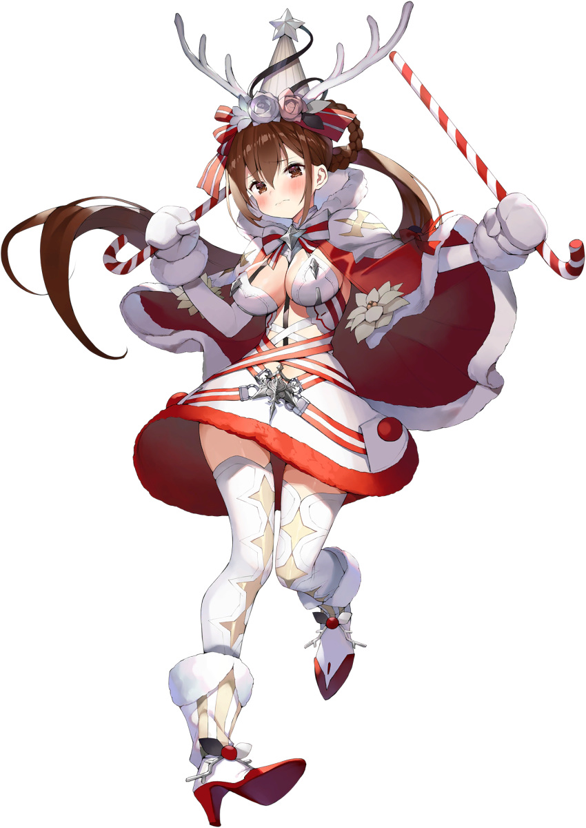 1girl antlers bangs blue_oath blush boots bow breasts brown_eyes brown_hair candy candy_cane cape christmas closed_mouth eyebrows_visible_through_hair flower food fur_trim gaou_(umaiyo_puyoman) hair_between_eyes hair_rings hat high_heel_boots high_heels highres holding long_hair long_sleeves medium_breasts mittens official_art party_hat ponytail solo thigh-highs transparent_background white_mittens zuikaku_(blue_oath)