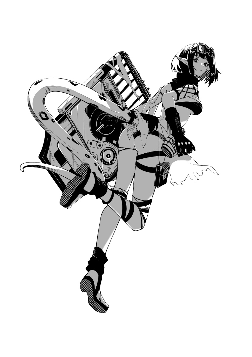 1girl absurdres arknights ass bob_cut eunectes_(arknights) flower gloves goggles goggles_on_head hair_flower hair_ornament highres monochrome pointy_ears sandals shield snake_tail tail thigh_pouch toxin000x white_background