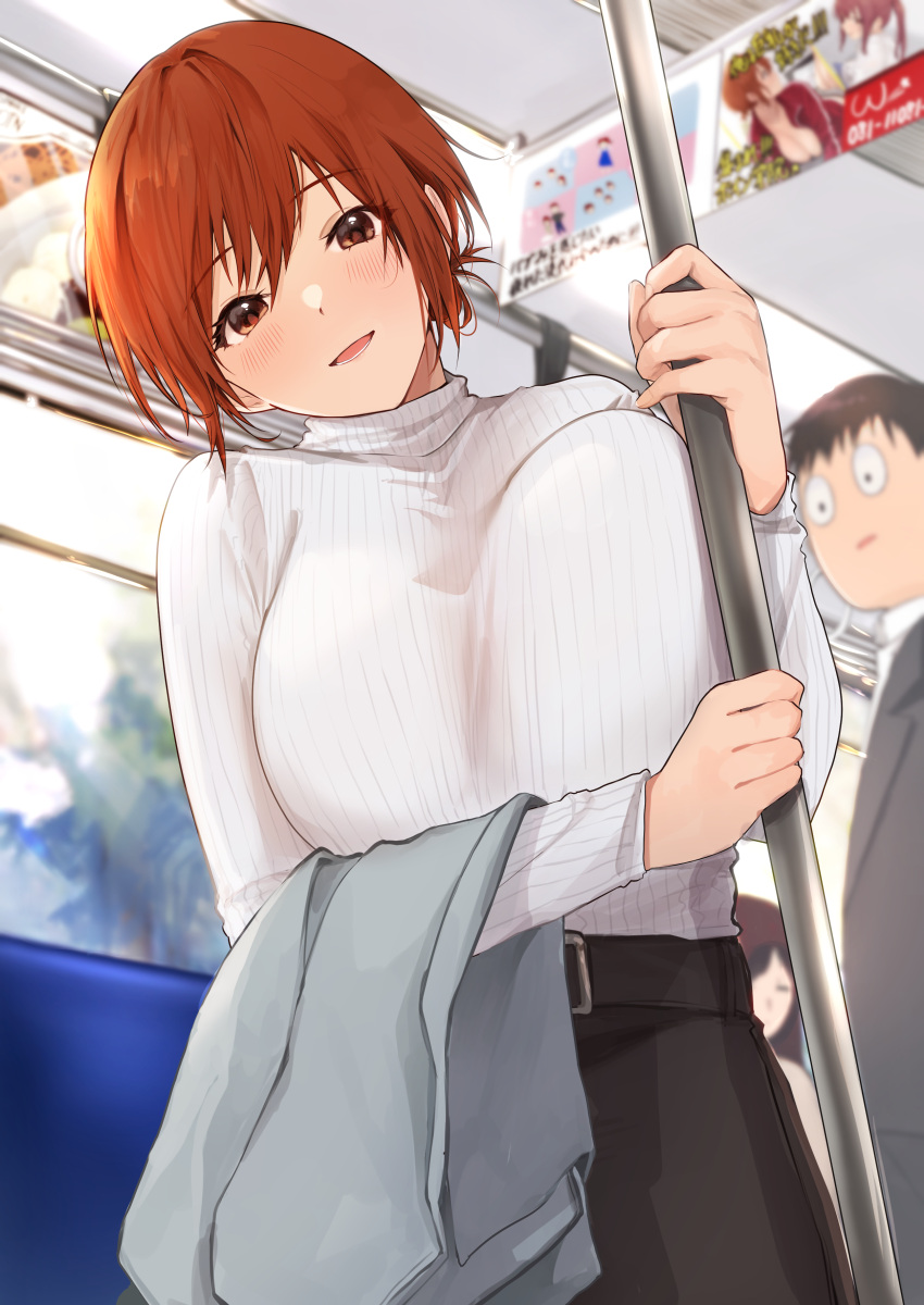 1boy 1girl absurdres akito_(d30n26) bangs belt black_pants breasts brown_eyes commentary_request eyebrows_visible_through_hair highres large_breasts long_sleeves looking_at_viewer nagi_(akito) orange_hair original pants ribbed_sweater smile sweater train_interior turtleneck turtleneck_sweater white_sweater
