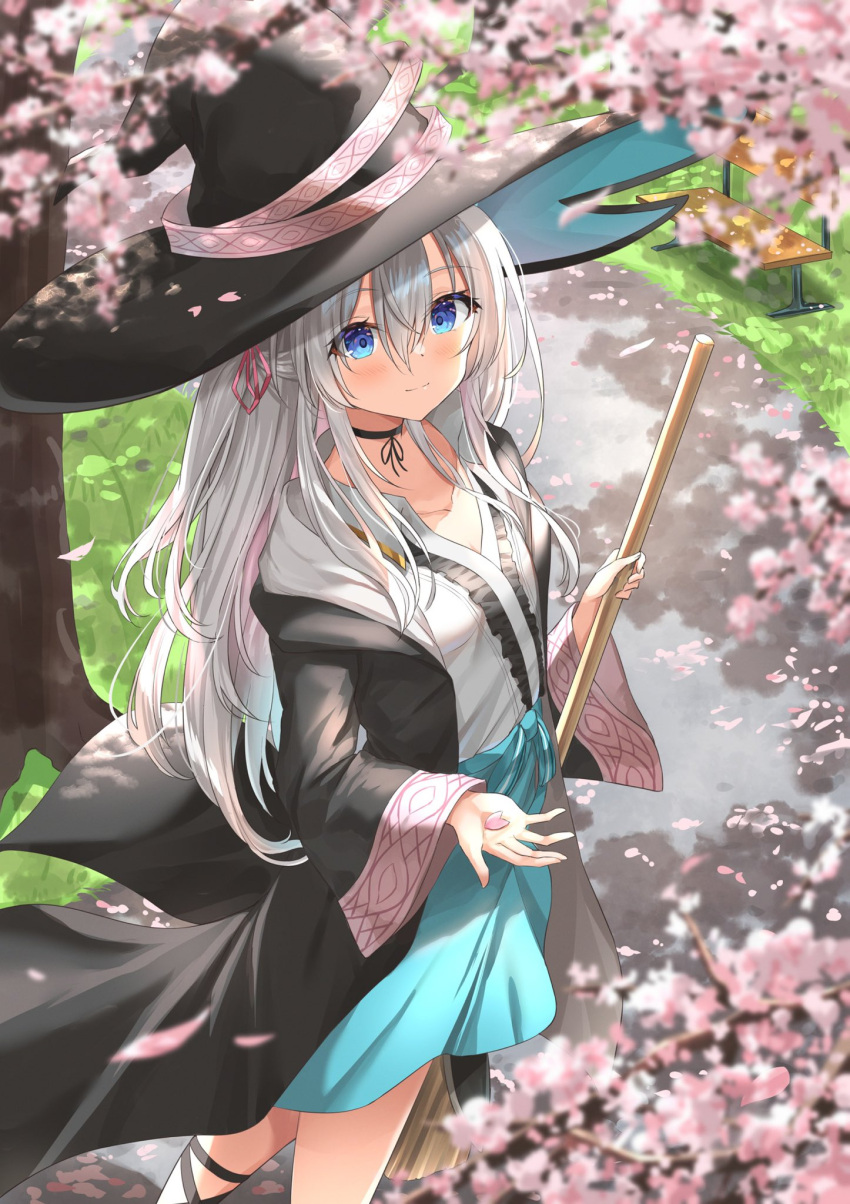 1girl alternate_costume bench black_headwear blue_eyes broom cherry_blossoms choker collared_shirt elaina_(majo_no_tabitabi) eyebrows_visible_through_hair flower hair_between_eyes hair_ornament hat hat_ribbon highres holding holding_broom holding_petal kanaria_hisagi long_hair looking_at_viewer majo_no_tabitabi open_clothes open_robe outdoors petals ribbon robe shirt silver_hair solo symbol_commentary wide_sleeves witch_hat