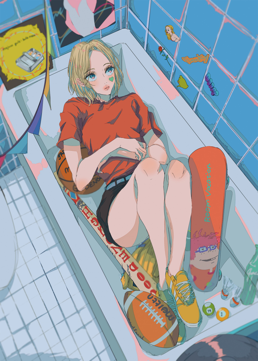 1girl american_football_(object) baseball_bat bathtub belt black_shorts blonde_hair blush cue_ball highres najuco_(naju0517) original red_shirt shadow shirt shirt_tucked_in shoes short_hair short_sleeves shorts solo tongue tongue_out yellow_footwear