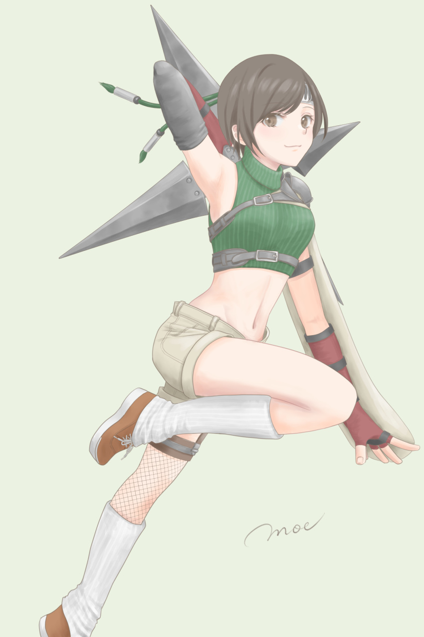 1girl :3 arm_behind_back armpits artist_name black_gloves brown_eyes brown_footwear brown_hair brown_shorts commentary crop_top cropped_sweater final_fantasy final_fantasy_vii fingerless_gloves fishnet_legwear fishnets full_body gloves green_background green_sweater headband highres holding holding_weapon huge_weapon knee_up leg_up looking_at_viewer loose_socks midriff moelleuse navel red_gloves shoes short_hair short_shorts shorts shuriken signature simple_background sleeveless sleeveless_sweater sleeveless_turtleneck smile solo sweater turtleneck turtleneck_sweater weapon white_legwear yuffie_kisaragi