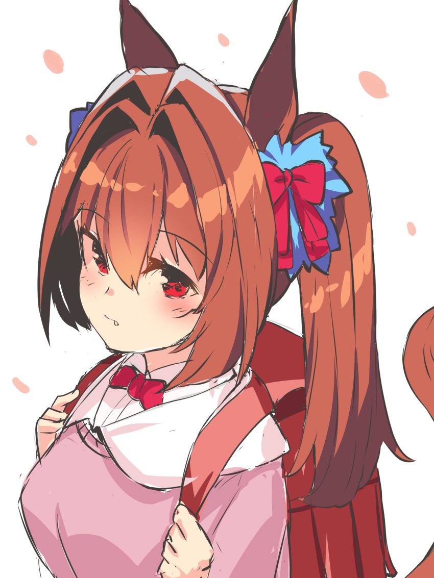 1girl absurdres animal_ears backpack bag bangs blush bow brown_eyes brown_hair closed_mouth collared_shirt commentary_request daiwa_scarlet_(umamusume) dress_shirt eyebrows_visible_through_hair fang fang_out hair_between_eyes hair_bow hair_intakes hands_up highres holding_strap horse_ears horse_girl horse_tail long_hair looking_away petals pink_sweater randoseru red_bow red_eyes shirt simple_background solo sweater tail tail_raised twintails umamusume upper_body white_background white_shirt yuuji_(yukimimi)