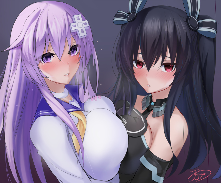 2girls alternate_breast_size artist_name bare_shoulders black_hair blush breast_press breasts choujigen_game_neptune_mk2 commentary_request d-pad d-pad_hair_ornament eyebrows_visible_through_hair fignya frilled_shirt_collar frills hair_between_eyes hair_ornament highres large_breasts long_hair looking_at_viewer multiple_girls nepgear neptune_(series) purple_hair red_eyes smile symmetrical_docking uni_(neptune_series) violet_eyes