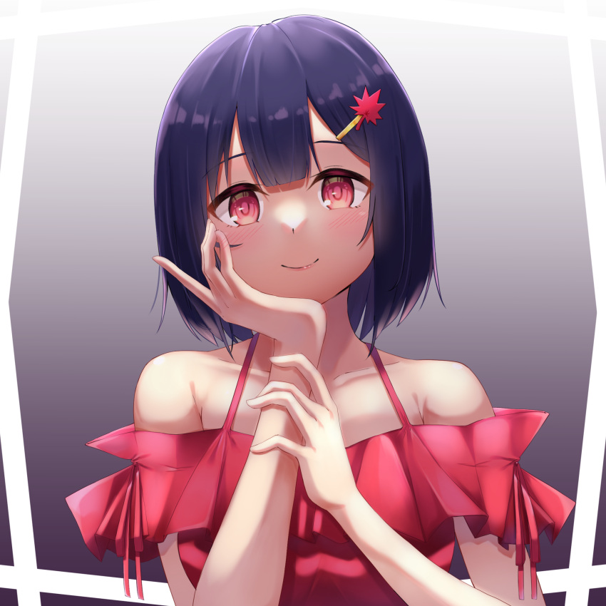 1girl bangs bare_arms bare_shoulders black_hair blush bob_cut closed_mouth collarbone dress frilled_dress frills hair_ornament hairclip head_rest highres lips looking_at_viewer miki_miki off-shoulder_dress off_shoulder original portrait red_dress red_eyes reflective_eyes short_hair smile solo spaghetti_strap upper_body