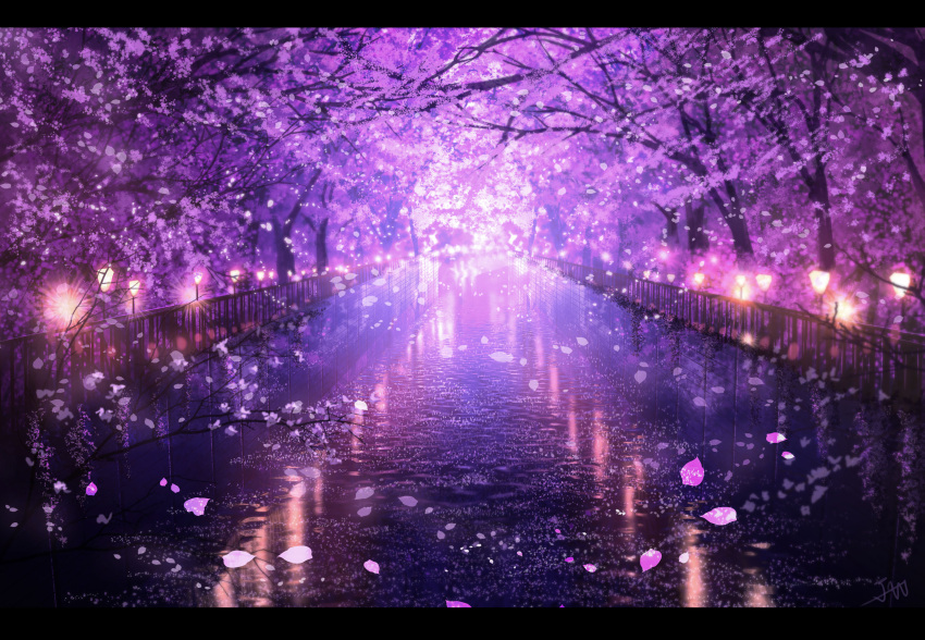 absurdres cherry_blossoms commentary_request highres lantern letterboxed nature night no_humans original outdoors petals purple_theme railing reflection scenery skyrick9413 tree