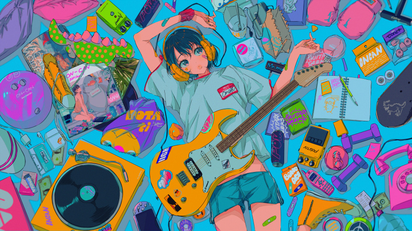 1girl aqua_shorts bag bandaid bandaid_on_face bangle black_hair bracelet cowboy_shot dinosaur electric_guitar guitar headphones highres instrument jewelry najuco_(naju0517) original phone phonograph shadow shirt shoes_removed short_hair short_sleeves shorts solo white_shirt yellow_footwear