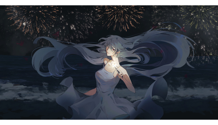 1girl absurdres alternate_costume arknights beach breasts commentary cowboy_shot dress eyebrows_visible_through_hair fireworks floating_hair grey_dress hair_between_eyes highres holding_sparkler jinfeng0430 long_hair looking_at_viewer medium_breasts night night_sky ocean off-shoulder_dress off_shoulder open_mouth outdoors pleated_dress red_eyes silver_hair skadi_(arknights) sky sleeveless sleeveless_dress smile solo spaghetti_strap sparkler symbol_commentary very_long_hair