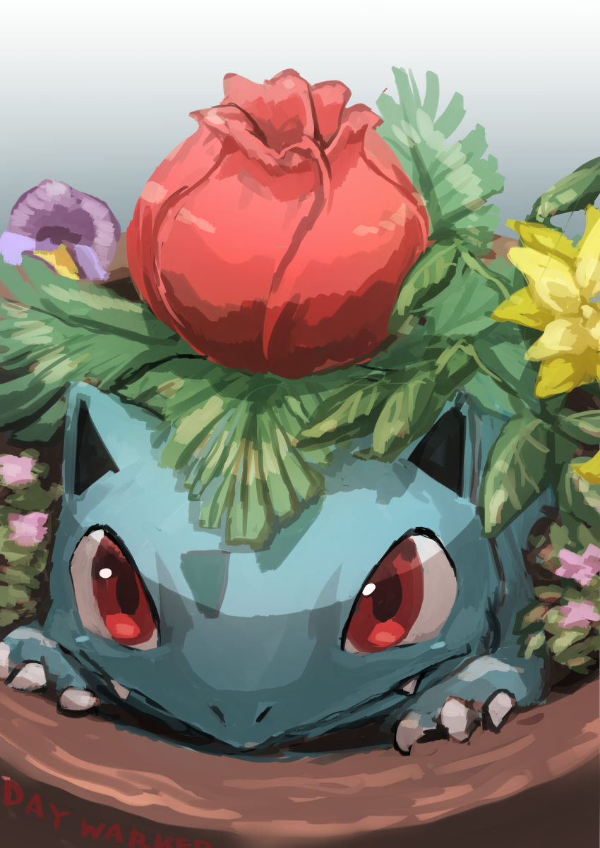 absurdres animal_focus artist_name claws closed_mouth commentary_request day_walker1117 english_text engrish_text fern flower gen_1_pokemon gradient gradient_background grey_background highres ivysaur no_humans pink_flower plant pokemon pokemon_(creature) potted_plant purple_flower ranguage red_eyes signature simple_background solo yellow_flower