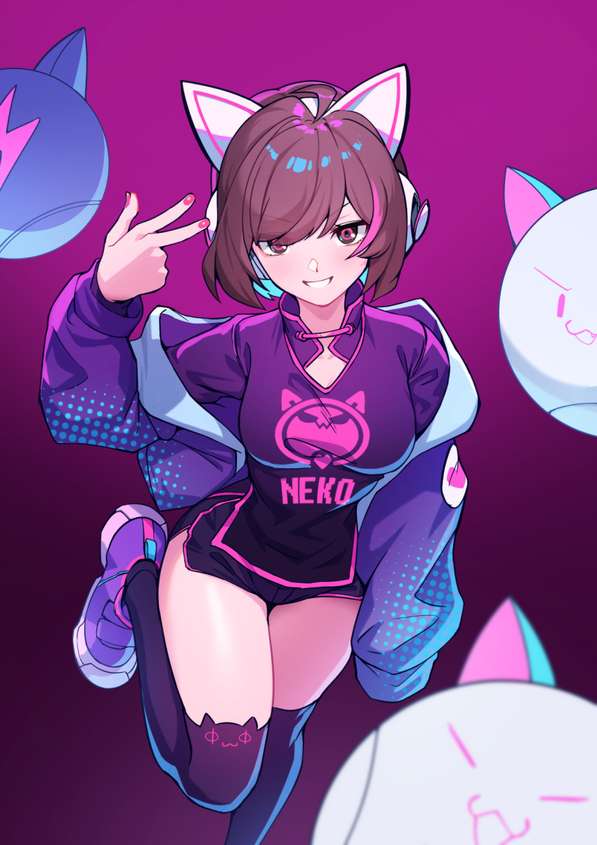 1girl ahoge animal_ear_legwear animal_ears asakura_neko axent_wear black_legwear black_shorts breasts brown_hair cat_ear_headphones cat_ear_legwear cat_ears cytus_ii dolphin_shorts ett fake_animal_ears gradient gradient_background grin headphones highres jacket leg_up looking_at_viewer medium_breasts multicolored_hair nail_polish off_shoulder open_clothes open_jacket pink_eyes pink_nails purple_background purple_jacket purple_shirt shirt shoes short_hair short_shorts shorts smile sneakers solo standing standing_on_one_leg streaked_hair thigh-highs thighs w