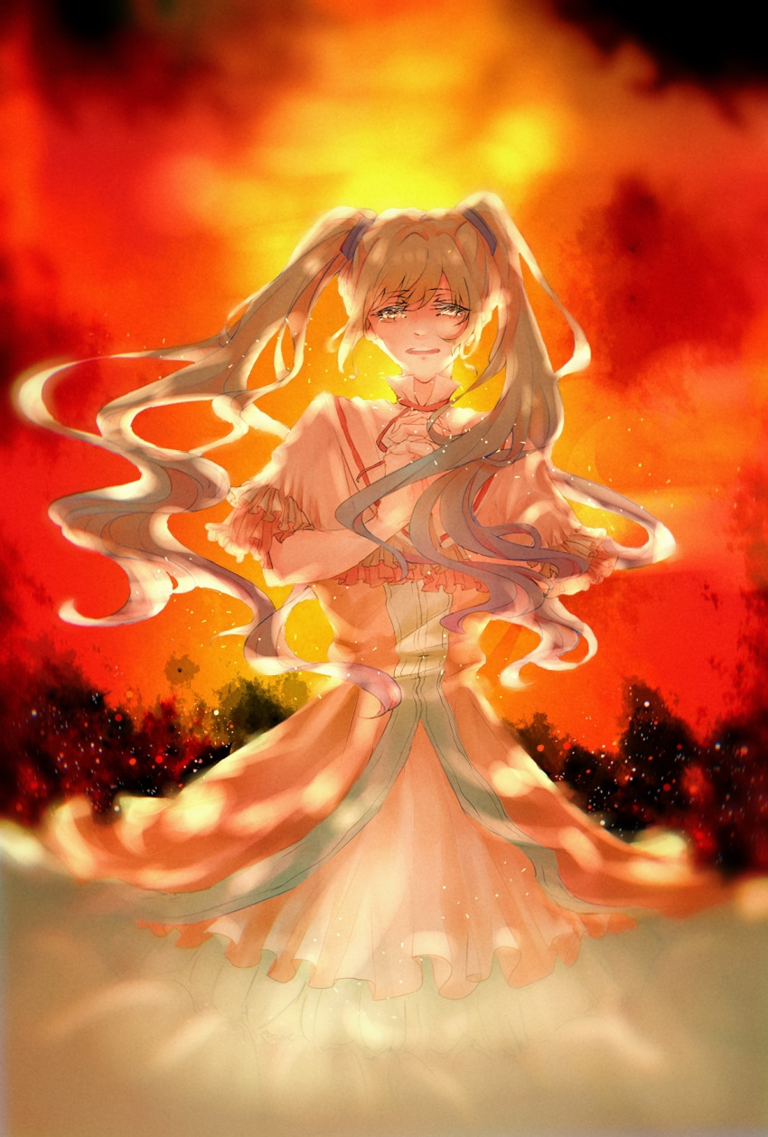 1girl aqua_eyes aqua_hair backlighting capelet crying crying_with_eyes_open dress embers evillious_nendaiki fire floating_hair forest frilled_capelet frilled_dress frills hair_ribbon hands_clasped hatsune_miku highres long_hair looking_at_viewer makino_chisato michaela_(evillious_nendaiki) nature open_mouth orange_dress orange_sky own_hands_together ribbon sennen_no_wiegenlied_(vocaloid) sketch sky solo tears tree twintails vocaloid