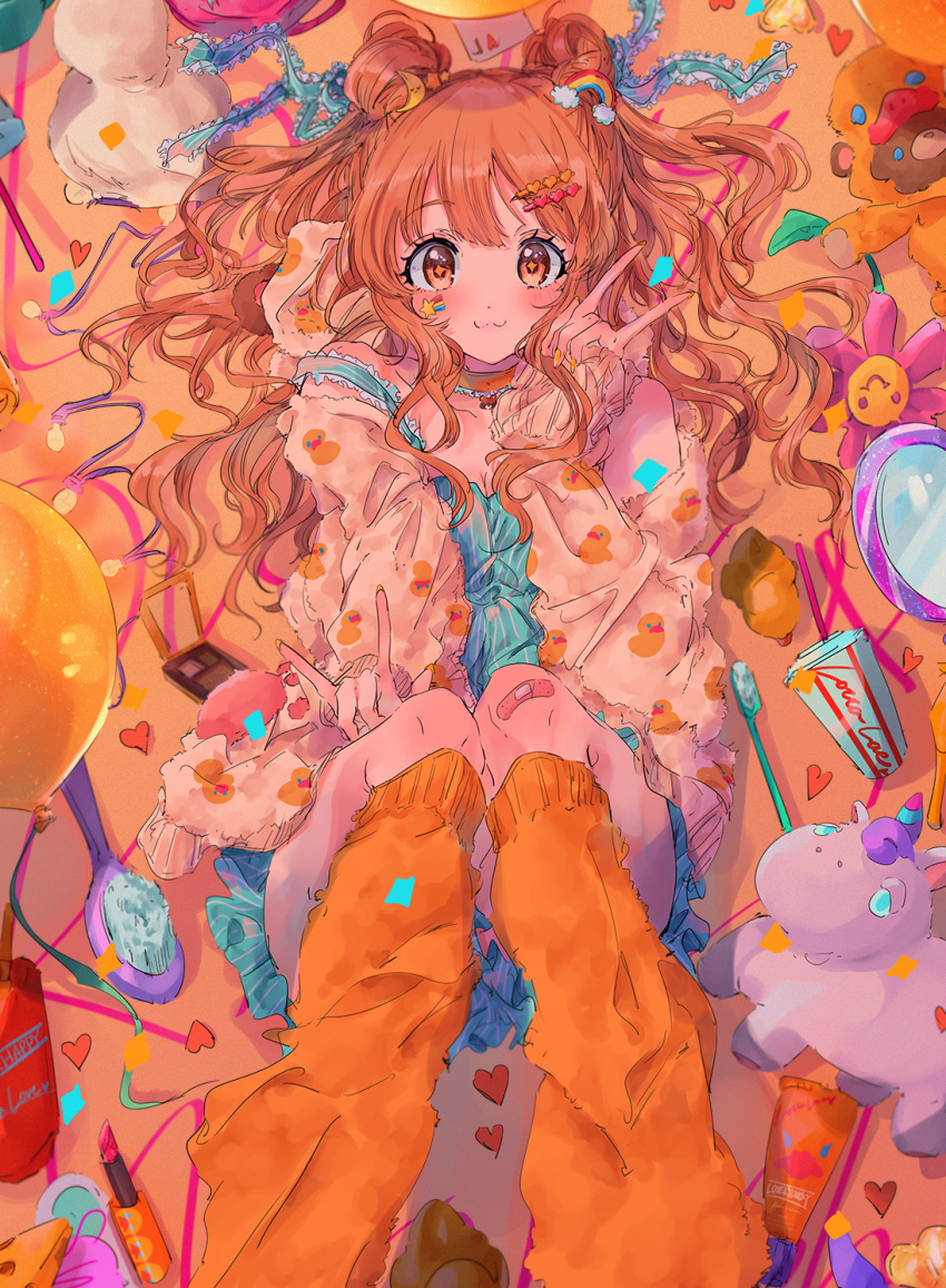 1girl balloon bandaid bandaid_on_knee blush brown_eyes double_bun hair_brush hands_up highres idolmaster idolmaster_cinderella_girls knees_up looking_at_viewer moroboshi_kirari najuco_(naju0517) orange_legwear rainbow_hair_ornament shadow socks solo