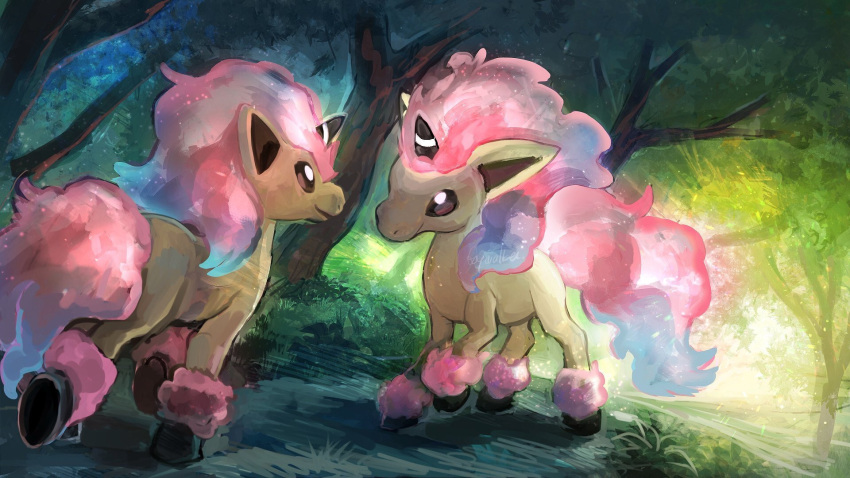 animal_focus artist_name blank_eyes blue_hair brown_eyes closed_mouth commentary day day_walker1117 dutch_angle english_text eye_contact forest from_behind full_body galarian_form galarian_ponyta gen_8_pokemon gradient_hair grass highres long_hair looking_at_another multicolored_hair nature no_humans open_mouth outdoors path pink_hair pokemon pokemon_(creature) road signature tree two-tone_hair unicorn walking