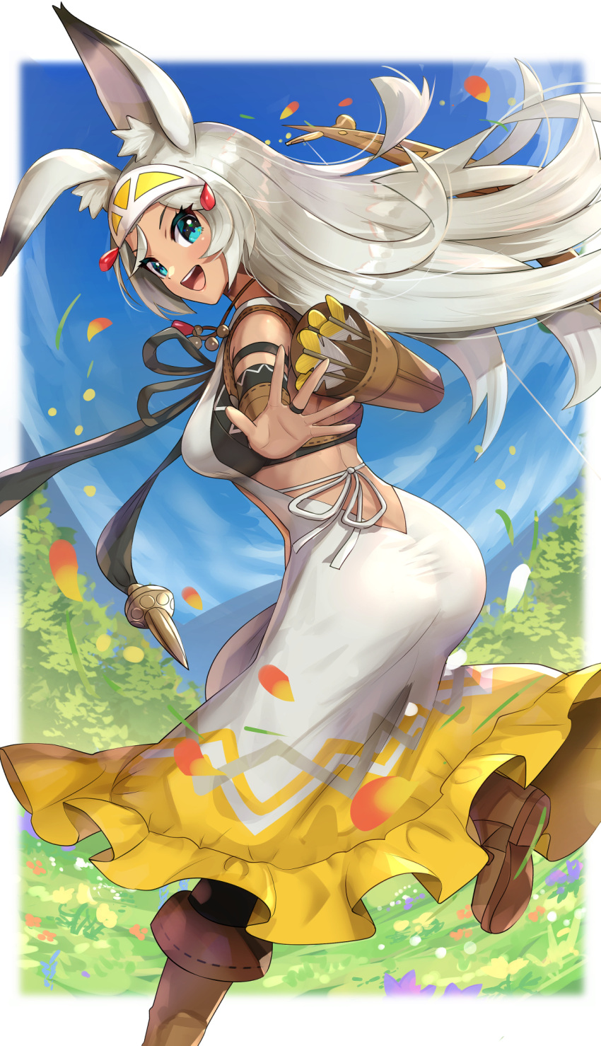 :d animal_ears arrow_(projectile) ass backless_dress backless_outfit black_bra blue_eyes boots border bra breasts brown_footwear dragalia_lost dress feet_out_of_frame from_behind gonzarez highres jewelry long_dress long_hair looking_at_viewer medium_breasts open_mouth quiver rabbit_ears ring sarisse_(dragalia_lost) smile underwear white_border white_dress white_hair