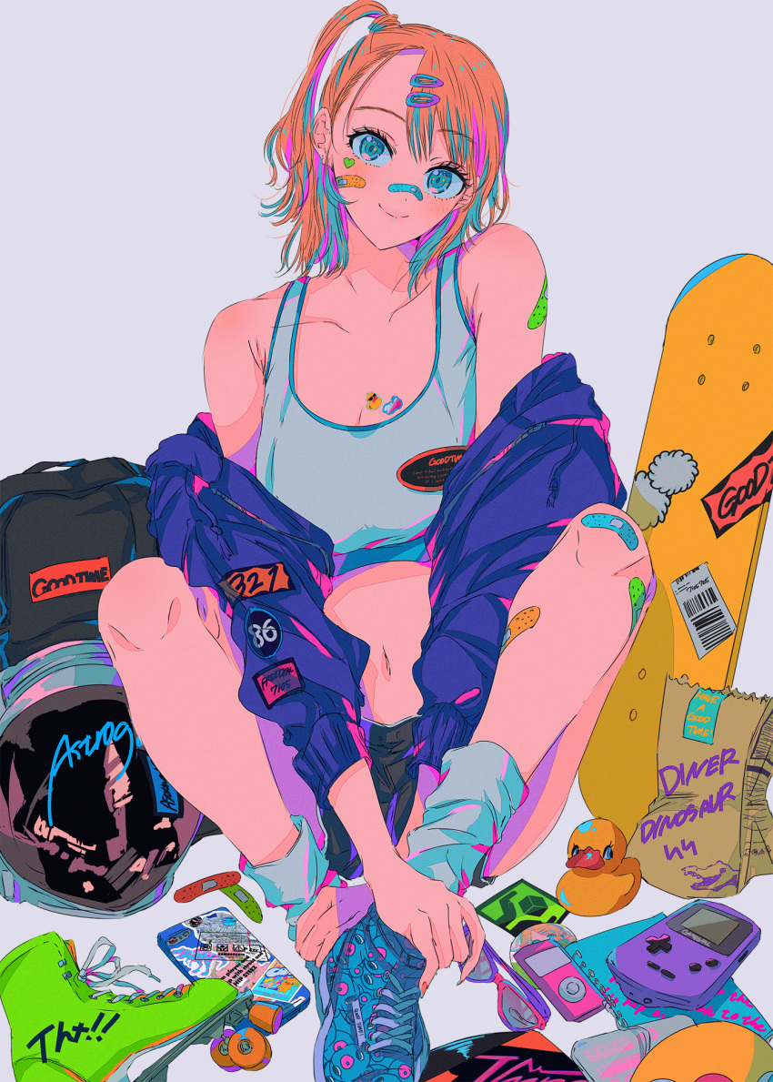 1girl aqua_eyes aqua_footwear bandaid bandaid_on_face hair_ornament hairclip handheld_game_console highres jacket knees_up long_sleeves looking_at_viewer najuco_(naju0517) navel orange_hair original purple_jacket roller_skates rubber_duck shoes short_hair side_ponytail sitting skateboard skates socks solo sports_bra white_legwear white_sports_bra