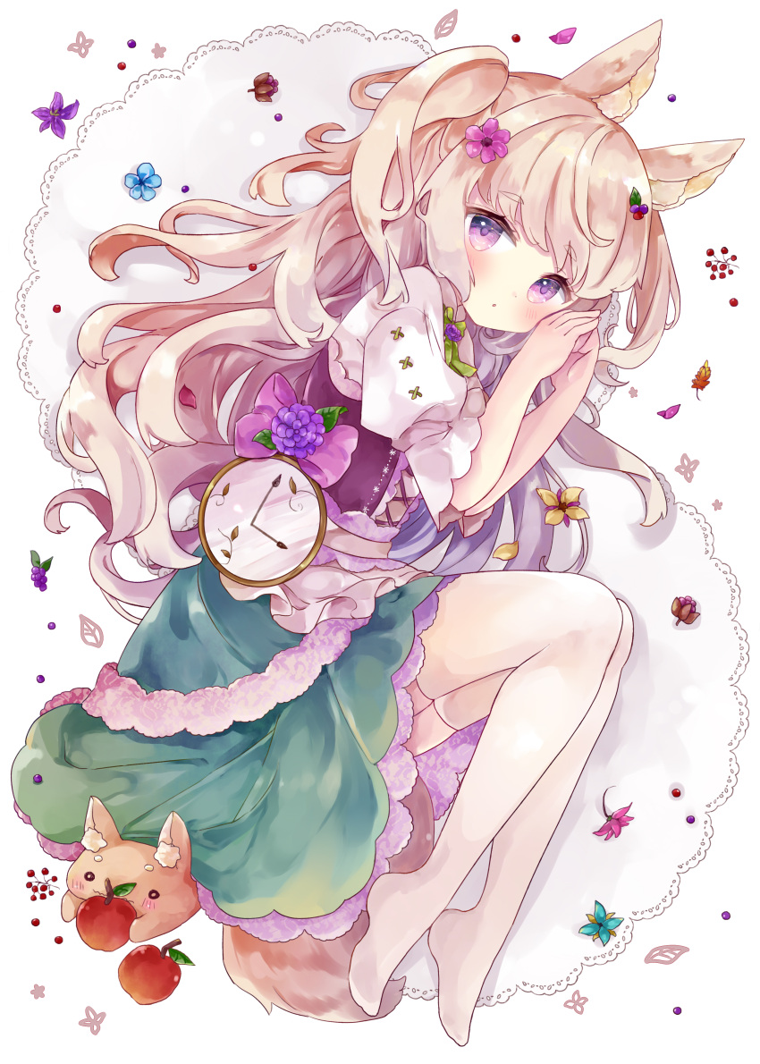 1girl :o absurdres animal_ear_fluff animal_ears apple blue_flower blush bow brown_hair brown_vest commentary flower food from_above fruit full_body green_skirt highres long_hair looking_at_viewer looking_to_the_side lying no_shoes on_side original parted_lips pink_bow pocket_watch puffy_short_sleeves puffy_sleeves purple_flower red_apple shirt short_sleeves simple_background skirt solo symbol_commentary tail thigh-highs tsukiyo_(skymint) two_side_up very_long_hair vest violet_eyes watch white_background white_legwear white_shirt