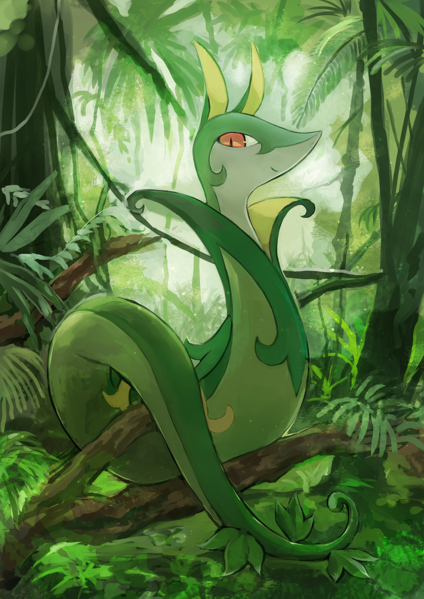 absurdres animal_focus bush closed_mouth commentary day day_walker1117 fern full_body gen_5_pokemon grass green_theme happy highres jungle looking_at_viewer nature no_humans outdoors pokemon pokemon_(creature) red_eyes serperior smile snake solo tree