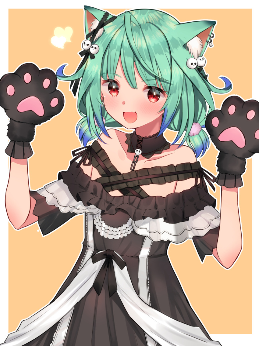 1girl :d ahoge animal_ears arms_up bangs bare_shoulders black_dress blue_hair blush brooch cat_ears collarbone commentary_request detached_collar dress ear_piercing ear_ribbon fang flat_chest frilled_dress frilled_straps frills gloves gradient_hair green_hair hair_ribbon highres hololive jewelry looking_at_viewer low_twintails mi_taro333 mixed-language_commentary multicolored_hair off-shoulder_dress off_shoulder official_alternate_costume open_mouth paw_gloves paws piercing red_eyes ribbon see-through_sleeves short_hair short_sleeves short_twintails sidelocks single_earring skin_fang smile solo twintails uruha_rushia virtual_youtuber w_arms