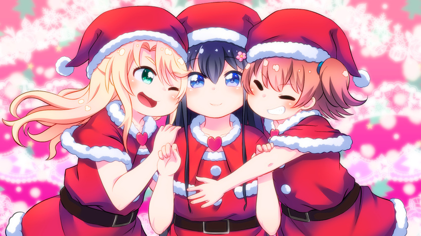 3girls :3 ;d bangs belt black_belt black_hair blonde_hair blue_eyes blurry blurry_background blush brown_hair capelet christmas christmas_ornaments closed_eyes closed_mouth commentary_request dress eyebrows_visible_through_hair flower fur-trimmed_capelet fur-trimmed_dress fur-trimmed_headwear fur_trim green_eyes grin hair_between_eyes hair_flower hair_ornament hand_on_another's_arm hand_on_another's_shoulder hands_up happy hat heart highres himesaka_noa hoshino_hinata hug kbisuco long_hair looking_at_another looking_at_viewer medium_hair multiple_girls one_eye_closed one_side_up open_mouth parted_bangs pink_flower pom_pom_(clothes) red_capelet red_dress red_headwear santa_dress santa_hat shiny shiny_hair shirosaki_hana smile watashi_ni_tenshi_ga_maiorita!