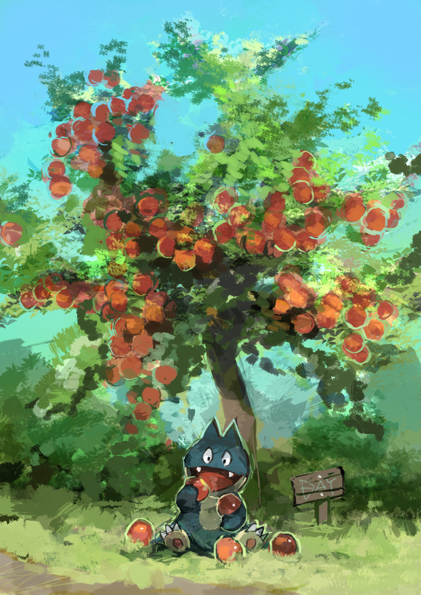 absurdres apple apple_tree artist_name black_eyes blue_sky claws commentary day day_walker1117 english_text fangs food fruit full_body gen_4_pokemon grass green_theme happy highres holding holding_food holding_fruit looking_down munchlax open_mouth outdoors outline path pawpads pokemon pokemon_(creature) road sign signature sitting sketch sky smile solo tree