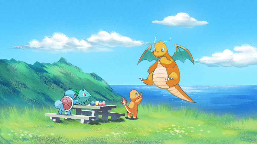 berry_(pokemon) bulbasaur charmander claws clouds commentary day dragonite emuenuon fire flame flying gen_1_pokemon grass highres holding no_humans outdoors picnic picnic_table pokemon pokemon_(creature) sky squirtle standing water