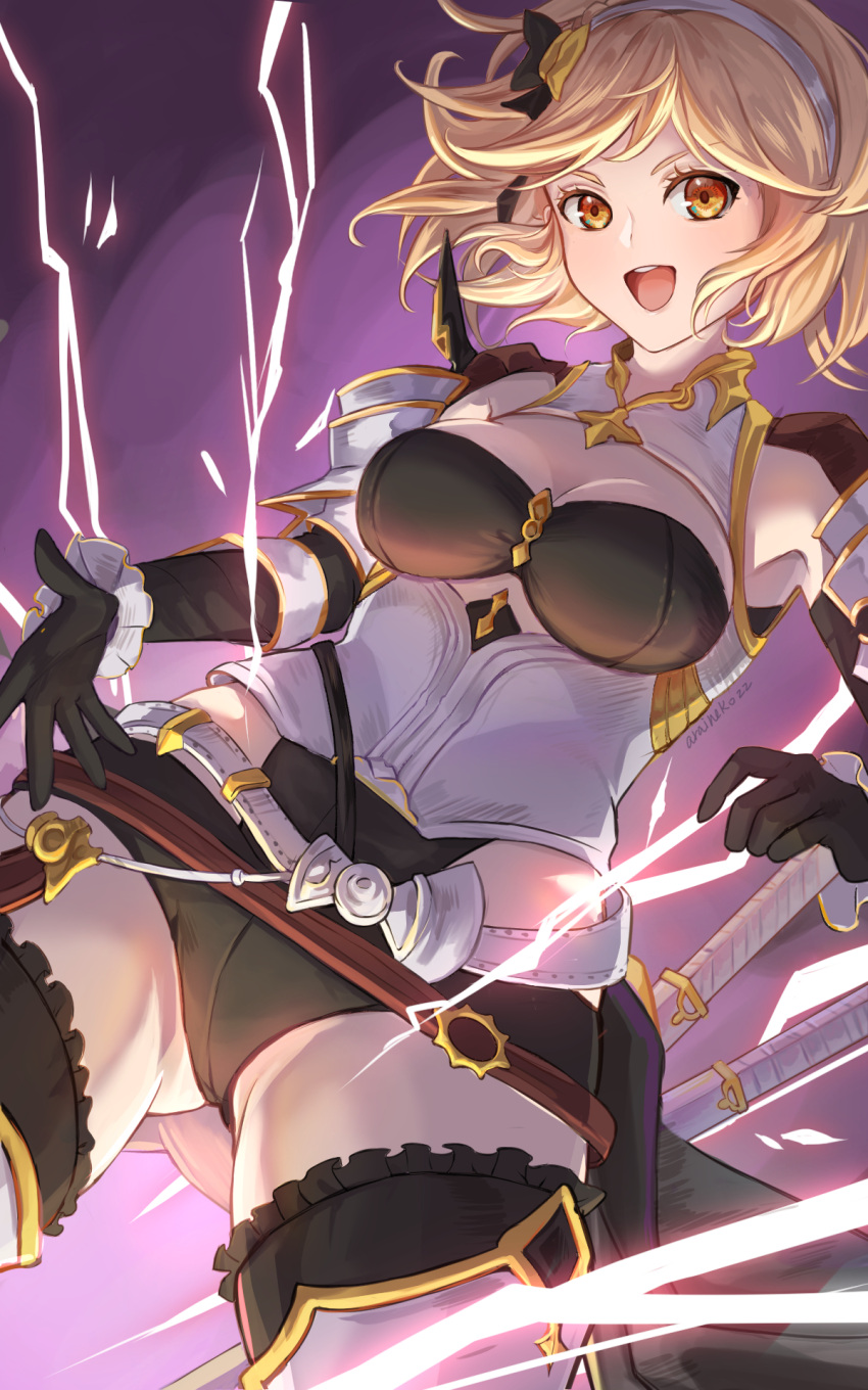 1girl arainekozz armor belt black_bow black_gloves black_legwear blonde_hair bow brown_belt djeeta_(granblue_fantasy) electricity frilled_legwear gloves granblue_fantasy greaves hairband hand_on_hilt highres multicolored multicolored_bow multicolored_clothes open_mouth orange_eyes pauldrons purple_background scabbard sheath short_hair shoulder_armor signature smile solo sword teeth upper_teeth weapon white_hairband yellow_bow