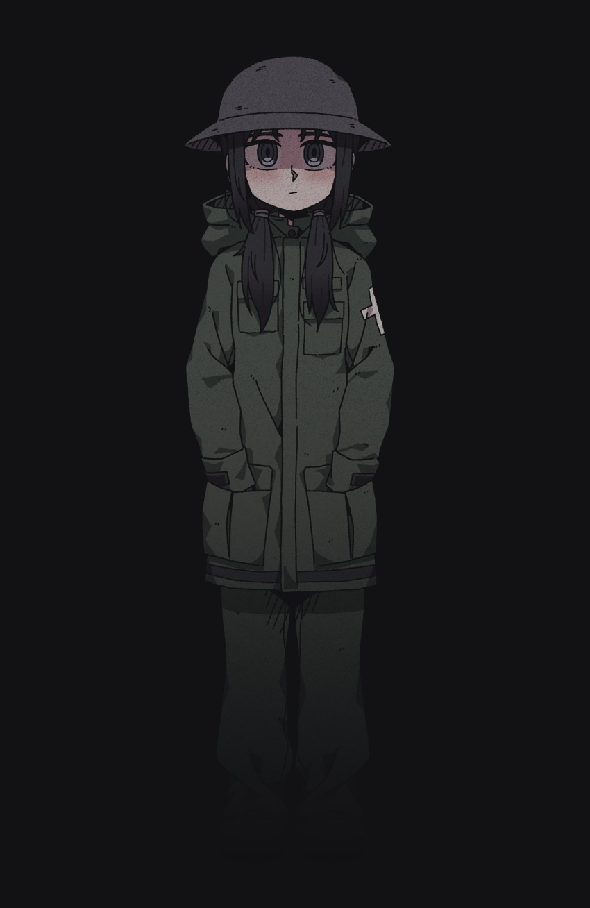 1girl black_background black_eyes black_footwear black_hair brodie_helmet chito_(shoujo_shuumatsu_ryokou) closed_mouth full_body green_jacket green_pants hands_in_pockets helmet highres hood hooded_jacket jacket kare long_hair long_sleeves looking_at_viewer pants shoes shoujo_shuumatsu_ryokou simple_background solo standing twintails