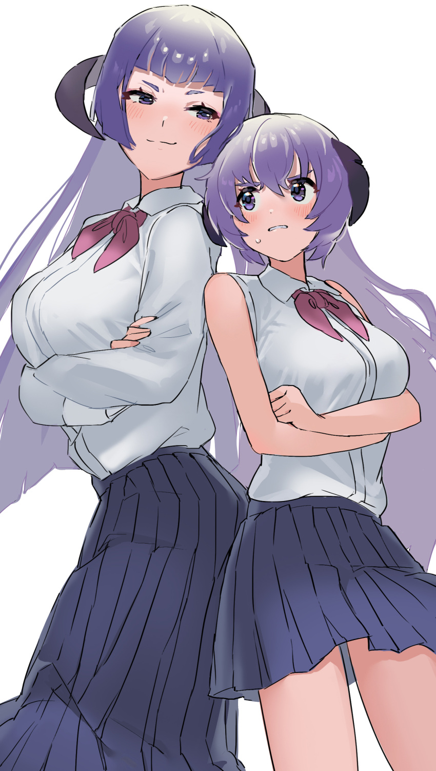 2girls absurdres back-to-back blush breasts crossed_arms dress_shirt hanyuu highres higurashi_no_naku_koro_ni horns large_breasts long_hair long_skirt medium_breasts multiple_girls oici_ne older purple_hair shirt skirt sleeveless smirk smug sweatdrop very_long_hair violet_eyes white_background