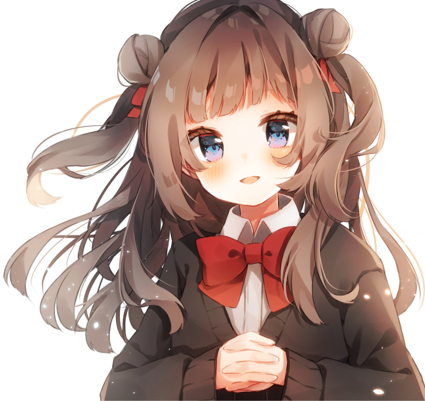bangs black_cardigan blue_eyes blush bow bowtie brown_hair cardigan commentary double_bun hair_ribbon hands_clasped heripiro highres long_hair long_sleeves looking_at_viewer open_cardigan open_clothes open_mouth original own_hands_together red_bow red_neckwear red_ribbon ribbon shirt symbol_commentary two_side_up white_shirt