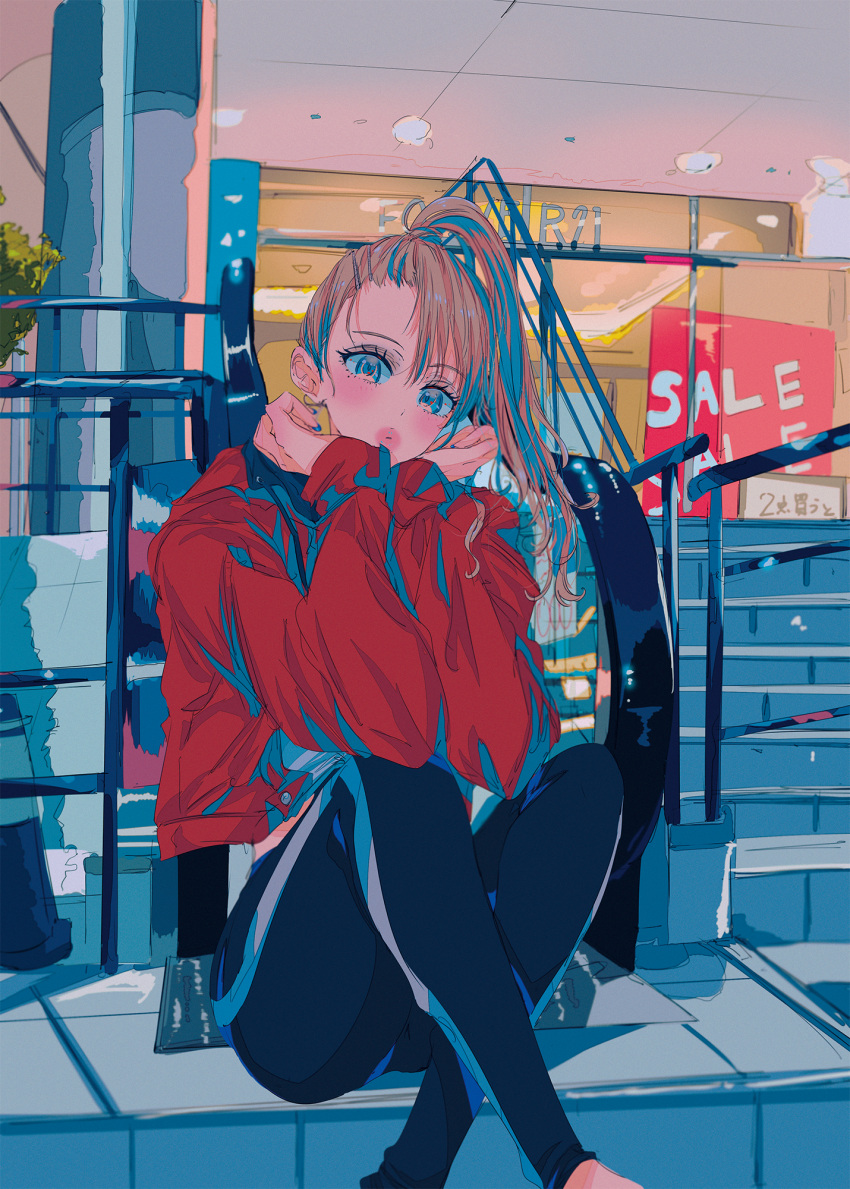 1girl black_pants blue_nails blush brown_hair feet_out_of_frame grey_eyes highres knees_up long_hair long_sleeves looking_at_viewer najuco_(naju0517) original pants ponytail red_shirt sale shirt sitting solo stairs