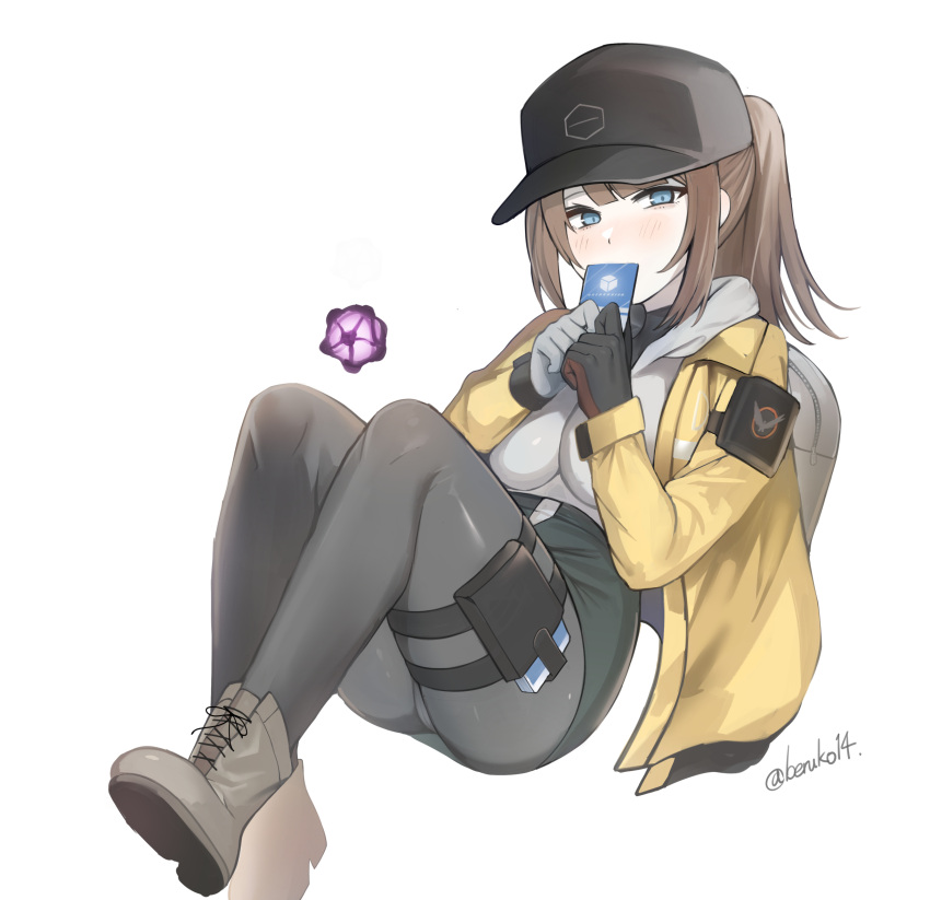 1girl bangs baseball_cap beruko14 black_headwear black_legwear blue_eyes blush boots breasts brown_hair dima_(girls_frontline) genderswap genderswap_(mtf) girls_frontline gloves green_skirt hat highres holding jacket long_hair long_sleeves looking_at_viewer miniskirt pantyhose ponytail simple_background skirt solo twitter_username white_background yellow_jacket