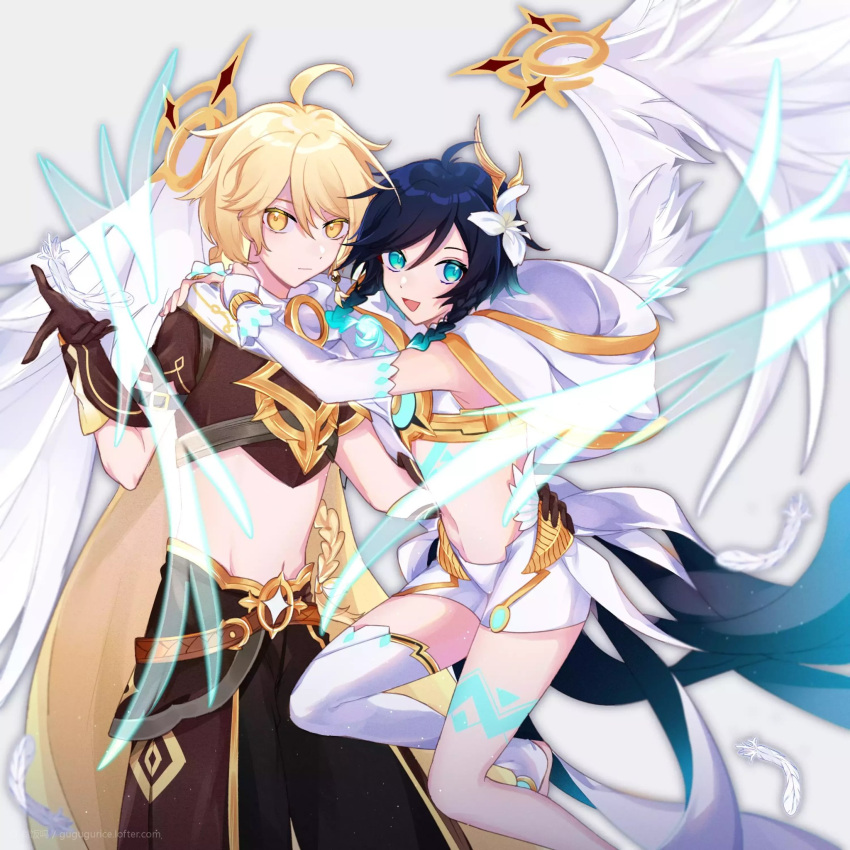 2boys aether_(genshin_impact) ahoge alternate_costume androgynous arms_around_neck bangs black_hair blonde_hair blue_hair braid braided_ponytail bridal_gauntlets capelet chest_tattoo closed_mouth crop_top earrings elbow_gloves english_commentary eyebrows_visible_through_hair feather_earrings feathered_wings feathers flower genshin_impact gloves gradient_hair green_eyes grey_background hair_between_eyes hair_flower hair_ornament highres hood hood_down hooded_capelet jewelry leg_tattoo long_hair looking_at_viewer male_focus midriff multicolored_hair multiple_boys navel open_mouth scarf short_hair_with_long_locks shorts simple_background single_earring single_thighhigh sleeveless smile tattoo thigh-highs twin_braids venti_(genshin_impact) venti_suki white_flower white_legwear white_shorts wings yellow_eyes