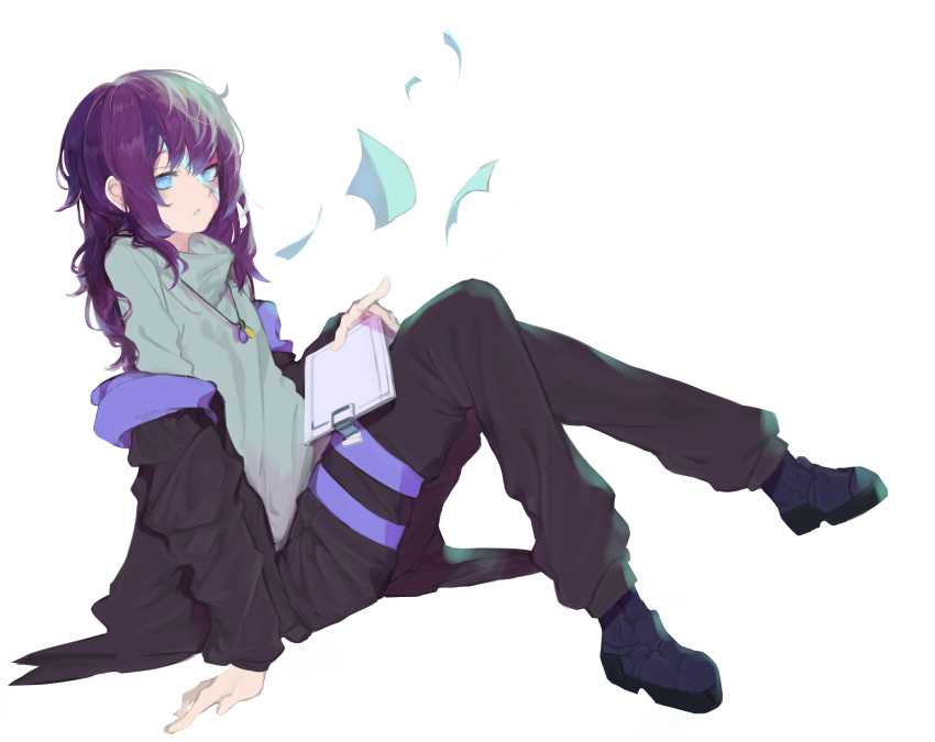 1boy absurdres black_jacket blue_eyes clipboard commission dokuro_deluxe highres jacket jewelry long_hair looking_at_viewer male_focus necklace open_clothes open_jacket original otoko_no_ko paper parted_lips purple_hair simple_background sitting solo white_background